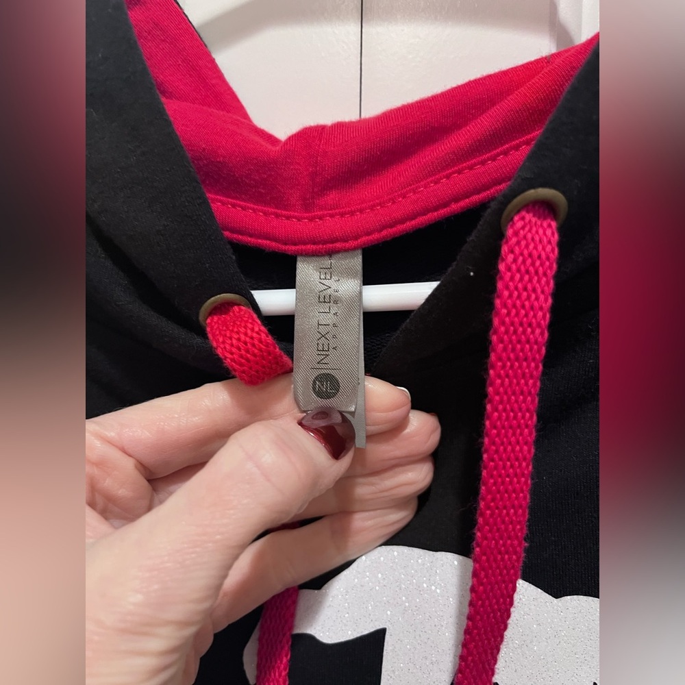 Swim Mom Oversized SzL Lightweight Hoodie Black W/Red & Blue Glitter Bling - Picture 6 of 6